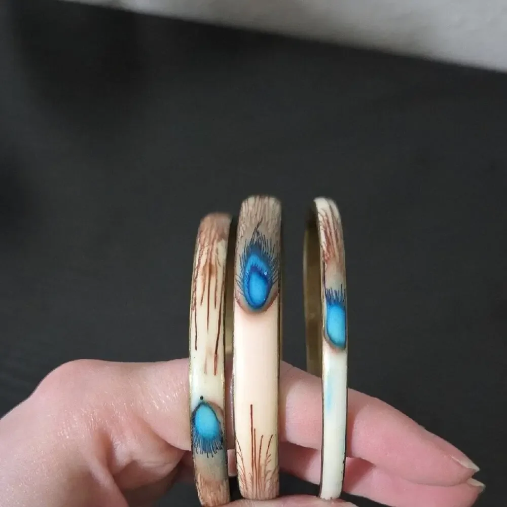 Vintage Lot Of 3 Bangle Bracelet Cream Blue Peacock Feather Brass Tone Boho